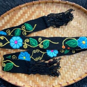 Colorful woven Vintage embroidered teal black belt with fringe Ethnic Tribal S